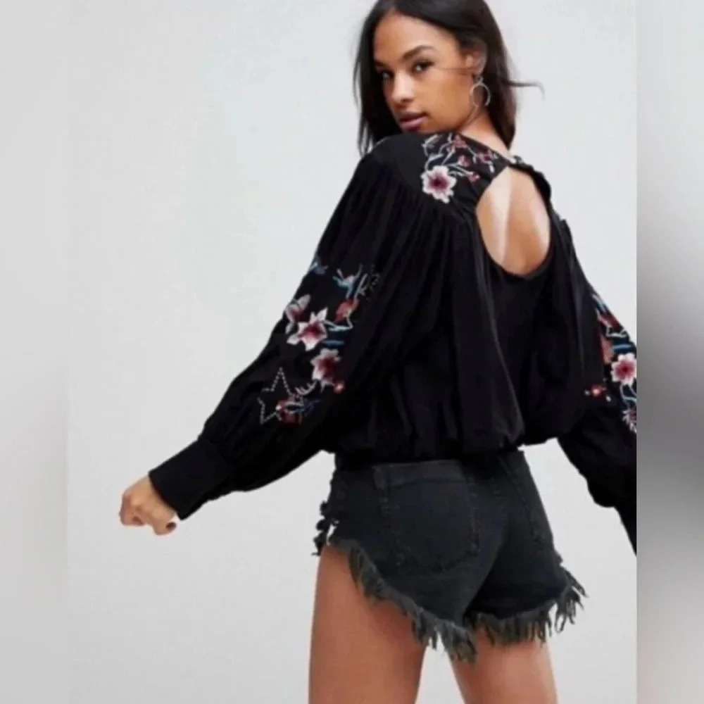 Free People Black and Red Embellished Cut Out Blouse